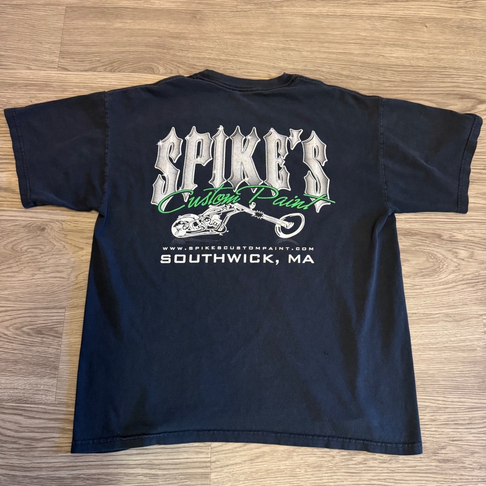 Vintage Y2K Spikes Custom Paint Biker T-Shirt Faded Black Large Southwick MA